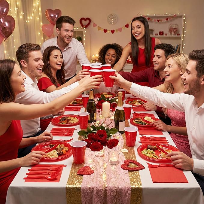 WELLIFE 210 PCS Red Plastic Plates for 30 Guests - Disposable Dinnerware Set Including Dinner Plates, Dessert Plates, 12oz Cups, Cutlery & Napkins, Red Disposable Plates for Valentines