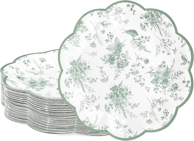 48 Pcs Sage Green Floral Party Plates 7" Vintage Floral Leaf Disposable Paper Plates Wildflower Green Toile Small Scalloped Dessert Plates for Spring Easter Birthday Bridal Tea Party Supplies