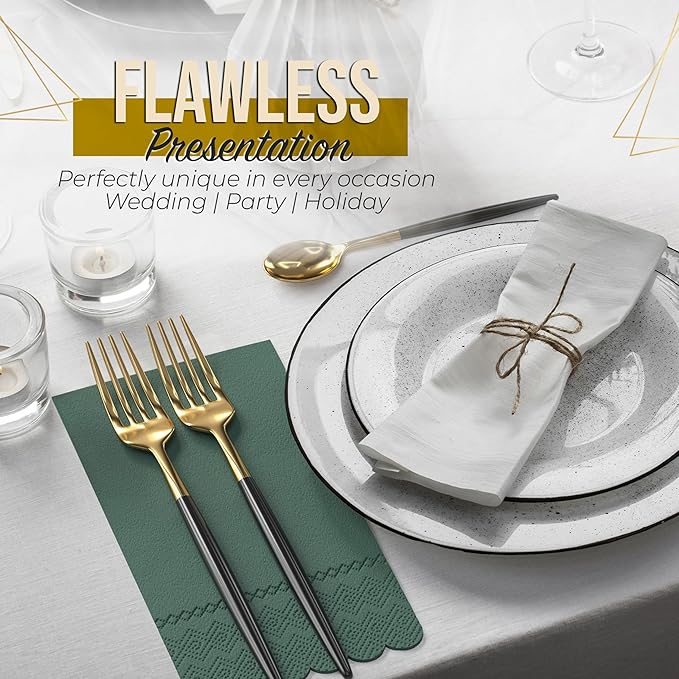 Party Solids Dark Green Scalloped Napkins Disposable 100 Pcs 3-Ply Dark Green Scalloped Dinner Napkins Disposable Decorative for Dinners & Parties, Paper Guest Towels for Bathroom & Party Supplies