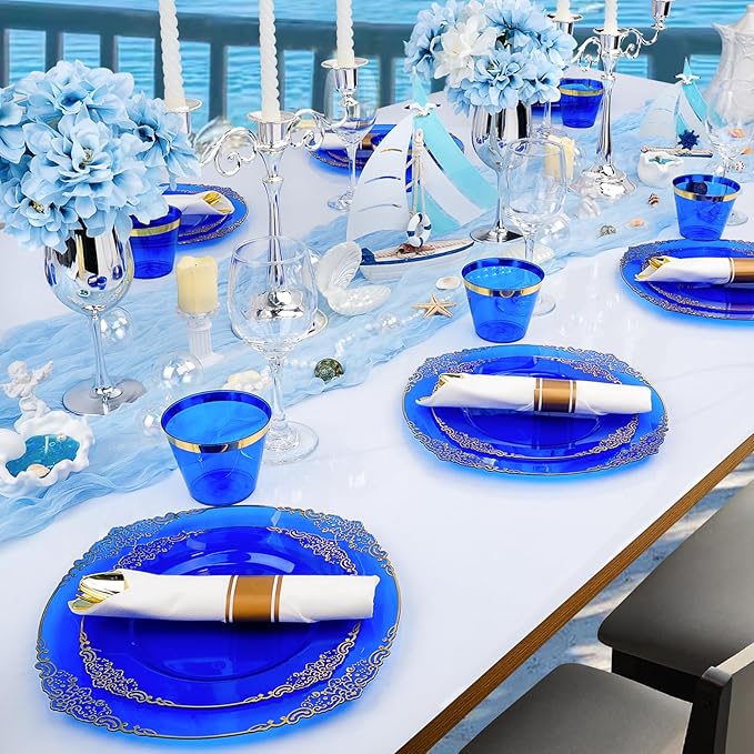 Bestluck 350 PCS Blue and Gold Plastic Plates, Disposable Dinnerware Set for 50 Guests, 100 Disposable Plates, 150 Silverwares, 50 Cups, 50 Napkins for Wedding, Party, Graduation
