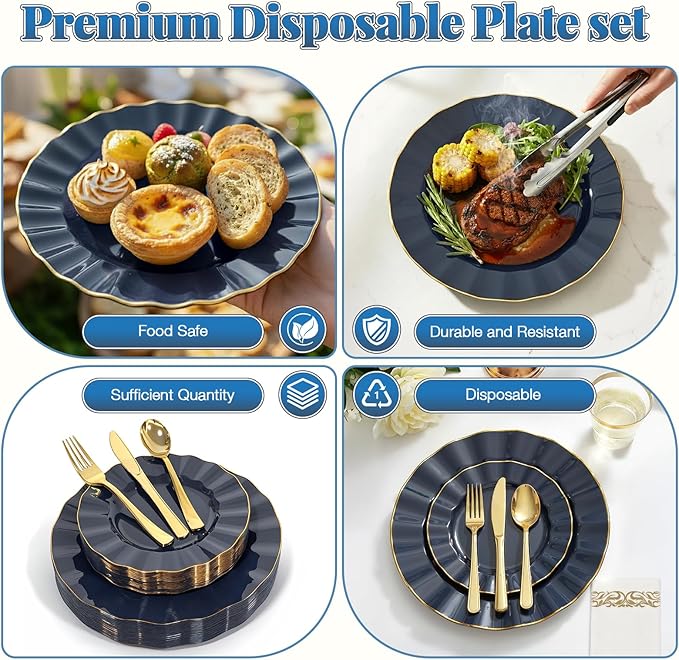 175 Plastic Dinnerware Set, Disposable Dinnerware Set for 25 Guests Include 50 Plastic Plates,25 Silverware Set,25 Cups and 25 Napkins for Graduation Party Wedding(Navy Blue and Gold)