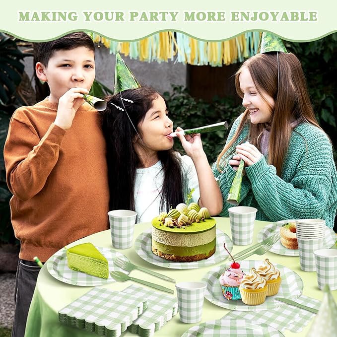 Vyntra 350 Pcs Sage Green Gingham Paper Plates and Napkins Set for 50, 9" Dinner Plates & 7" Dessert Plate, Tableware for Garden Birthday Party