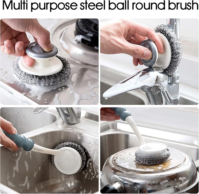 Stainless Steel Wool Scrubber with Handle, Heavy Duty Pot & Dish Scrubber Cleaning Brush Wash for Dish, Stainless Steel Scrubbing Brushes Cleaning Supplies for Pots, Pans, Grills, Sink (3)