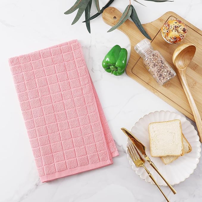 Homaxy Premium Cotton Kitchen Towels 16"x 28", Large Natural Ring Spun 390 GSM Dish Towels, Super Absorbent Terry Kitchen Hand Towels, Soft Tea Towels with Hanging Loop, Pure Pink Design, 6 Pack