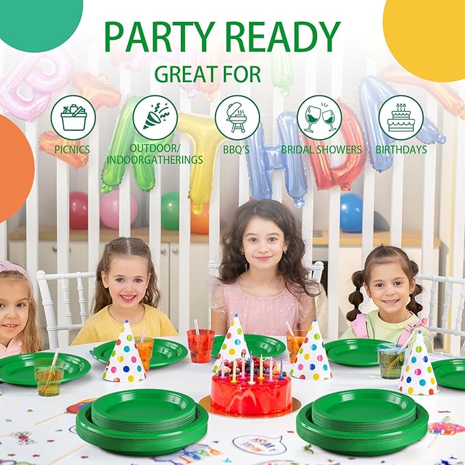 40 Pcs Green Plastic Plates for Graduation Party, Green Disposable Plates Heavy Duty, 20-9" and 20-7" Green Plates for Birthday Soccer Party