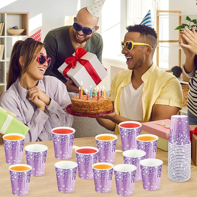 50pcs Purple Silver Birthday Party Paper Cups 9o Diamonds Purple Party Cups Supplies Purple Silver Theme Party Disposable Cups For Women Girls Birthday Wedding Baby Shower Party Favors Decorations