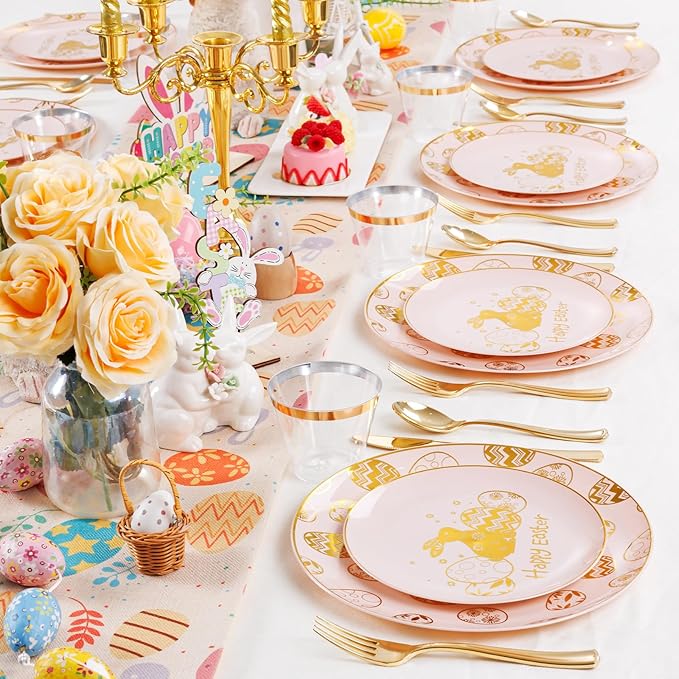 Liacere 150Pcs Easter Plates with Gold Bunny - Pink Plastic Dinnerware Includes 30 Egg and Rabbit 30 Dessert Plates, 30 Forks, 30 Spoons,30 Knives for Easter Party