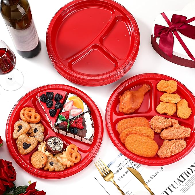 Teenyyou 50 Pcs 10 Inch Plastic 3 Compartment Divided Plates Heavy Disposable Plates Duty Round Dinner Plates with Dividers for Wedding Birthday Party Dinnerware(Red)