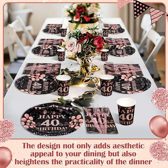 Pickmesh 400 Pcs 40th Birthday Decorations for Women, Includes 40th Birthday Plates, Napkins, Cups, and Cutlery for Party Favors, Cheer to 40 Year for Her, Serves 50 Guests