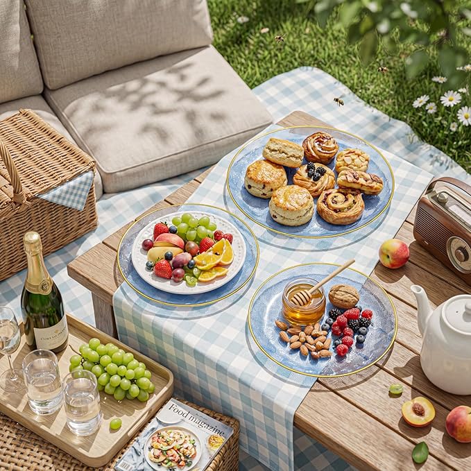 Festiva 60PCS Clear Blue Gold Plastic Plates - Heavy Duty Fancy Disposable Plates With Gold Rim -serve for 30 guests Include Each 30PCS 10.25" & 7.5" Honeycomb Design Plates for Party(Blue)