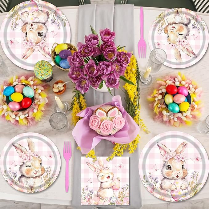 100 Pcs Easter Gingham Tableware Party Supplies - Disposable Pastel Plaid Bunny Dinnerware Set with Paper Plates and Napkins for Spring Parties,Easter Celebrations,and Holiday Gatherings - Serves 25