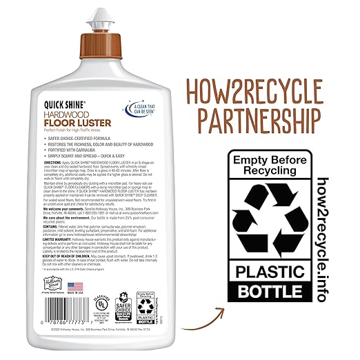 Quick Shine Hardwood Floor Luster-Polish 27oz | Plant-Derived w/Carnauba | Safer Choice, No PFAS, pH Neutral | Ready to Use Formula w/Anti-Slip Technology | Simply Squirt & Spread | Made in USA