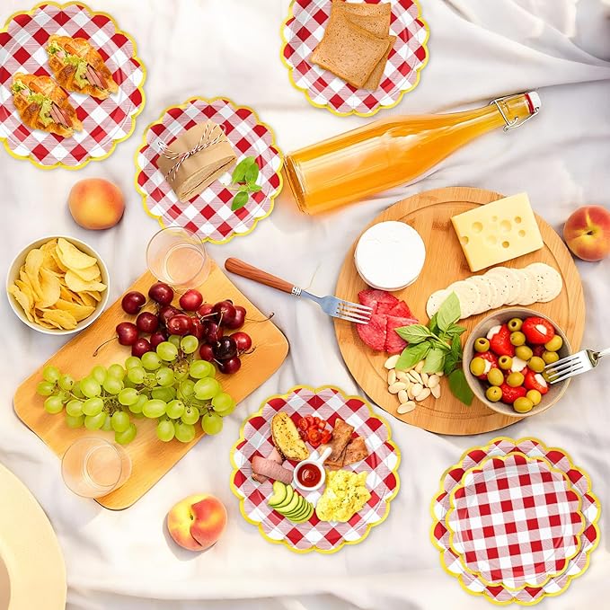 50 Pcs Red and White Checkered Paper Plates, 25 Pcs 9" and 25 Pcs 7" Disposable Christmas New Years Scalloped Plates with Gold Foil for Graduation Wedding Baby Shower Birthday Party Picnic BBQ