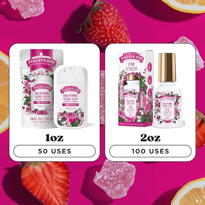 Poo-Pourri Before-You-Go Toilet Spray, Pink Citron, 2 Fl Oz, Up to 100 Uses, Bathroom Odor Deodorizer with Essential Oils for Home or Work, Travel Essentials, TSA Approved Size