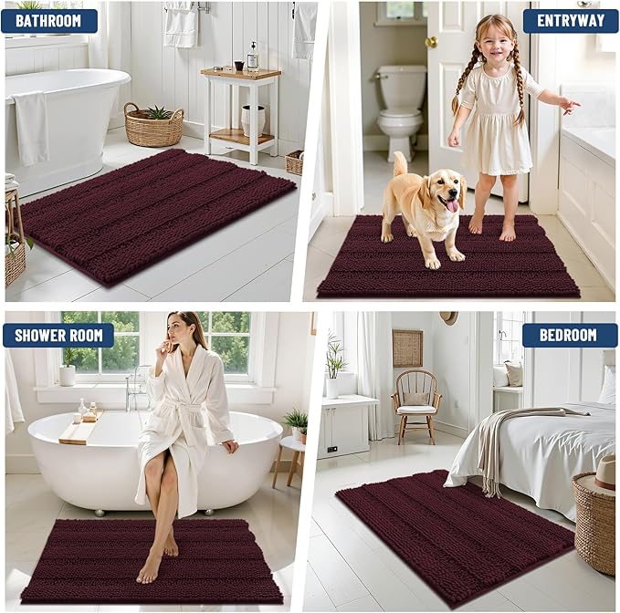 Grandaily Chenille Striped Bathroom Rugs 44x24, Extra Thick and Soft Absorbent Bath Mats, Rubber Backing, Plush Shaggy Shower Carpet, Machine Wash Dry, Bath Rug for Bathroom, Black Cherry
