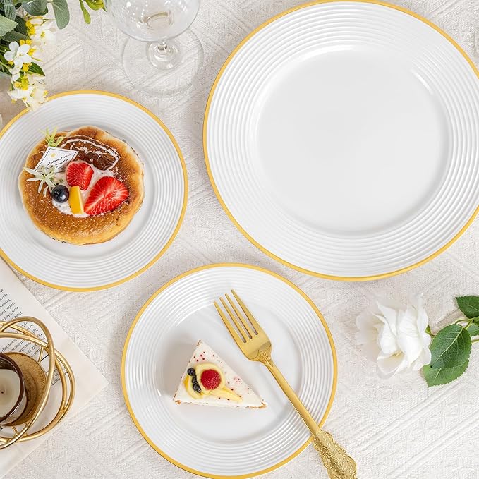 Liacere 100PCS Gold Plastic Plates - Heavy Duty Disposable Plates - White and Gold Plate 100PCS Dinner/Dessert Plate for Party & Wedding & Birthday