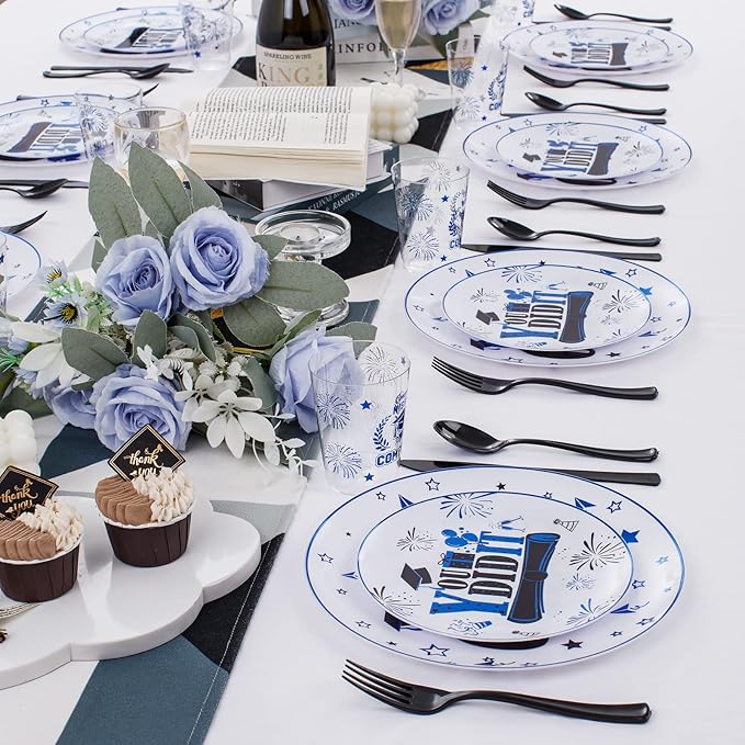 Liacere 150PCS Graduation Plastic Plates - Black and Blue Plastic Plates, Party Plates include 50Plates 25Knives 25Forks 25Spoons 25Cups for Graduation Party
