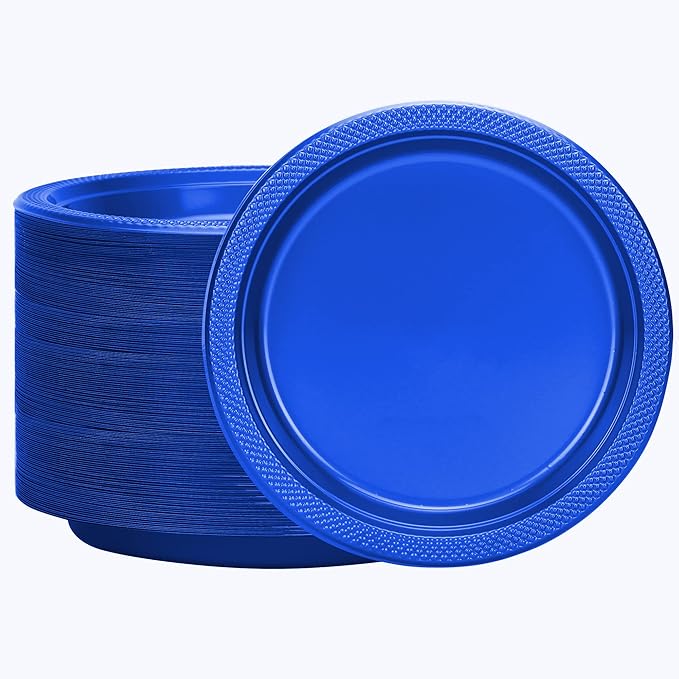 Hanna K. Signature Blue Plastic Plates 9 Inch 600 Count – Heavy Duty Disposable Dinner Plates Bulk for Catering, Weddings & Events