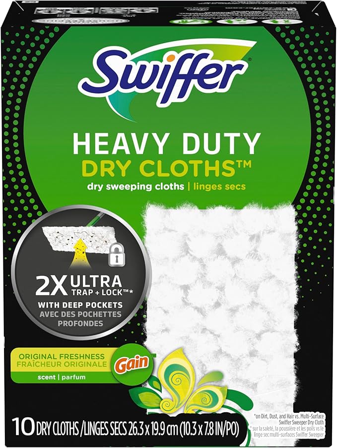 Swiffer Sweep + Mop, Dry Pads Refill, Floor Cleaner for Dirt, Dust, Hair, Cleaning Cloths for Mopping Home, Bathroom, Kitchen, All Purpose Multi-Surface Floor Wipes, Heavy Duty, Gain, 40ct