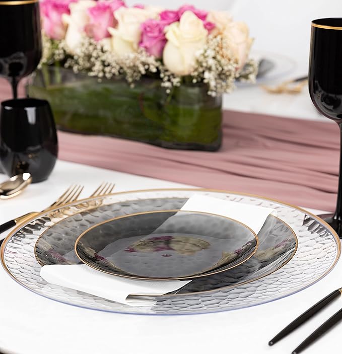 PlasticPro 30 Pack Hammered Plastic Plates Heavyweight Disposable Plastic Plates Elegant Black Transparent Plates With Gold Rim Platsic Party Dishes (Transparent Black With Gold Rim, 10'' INCH PLATES)