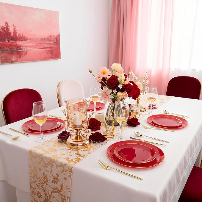 I00000 150Pcs Red Plastic Plates with Gold Rim,Fancy Plastic Plates,Nice Disposable Plates Set include 30 Dinner Plate,30 Dessert Plate, 90 plastic Silverware Set for Valentine's Day