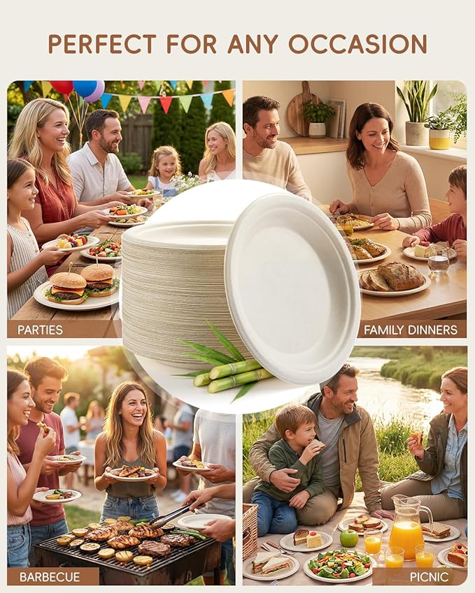 Goodluck 6 Inch Natural Compostable Plates 200 Pack, 100% FSC Certified Unbleached Bagasse Paper Plates, Heavy Duty Eco Friendly Disposable Plates for Party, Wedding, BBQ, Catering & Everyday Use
