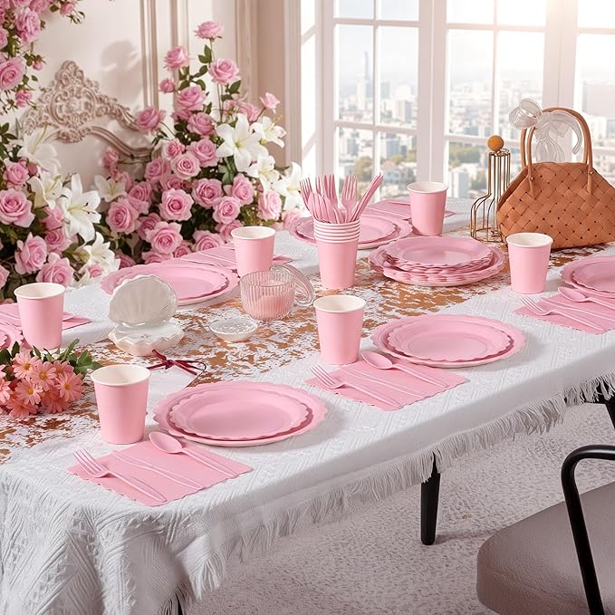Fijinhom Pink Paper Plates Set, 175 PCS Party Supplies, Disposable Dinnerware Set for 25 Guests, Pink Paper Plates Napkins Cups Plastic Forks Knives Spoons for Christmas
