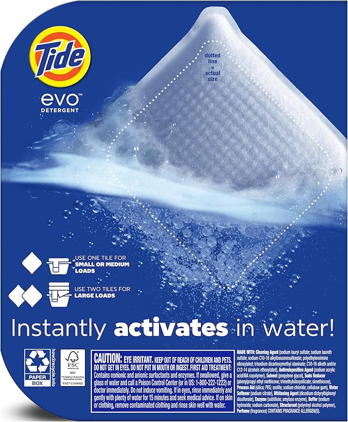 Tide evo Spring Blast Scent Laundry Detergent Fiber Tiles Works on 100% of Common Stains Safe for All Machines and Water Conditions Concentrated HE Compatible Clean and Instant Dissolve, 16 Count