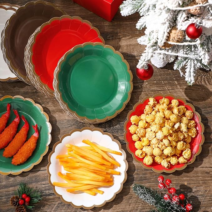 96 Pcs Christmas Paper Plates 7 Inch Red Green White Dessert Scalloped Edge Disposable Dinner Plates for Fall Halloween Wedding Birthday Baby Shower Party Supply