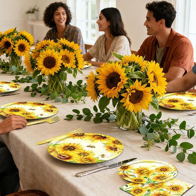 96 Pieces Sunflower Plates and Napkins, Yellow Floral Disposable Tableware with Paper Plates Napkins and Forks for Sunflower Party Supplies, Birthday, Baby Shower, Bridal Shower Decorations, Serves 24