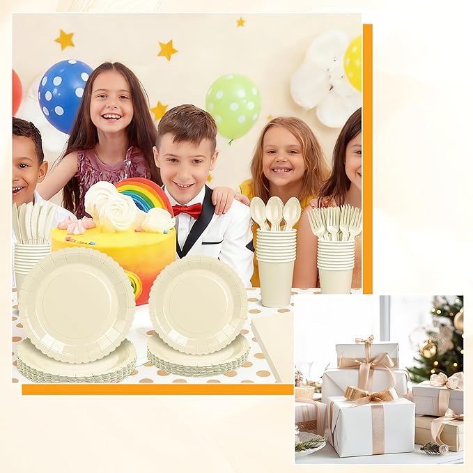 175 PCS Ivory Paper Plates and Napkins Tableware Set, Ivory Party Supplies for 25 Guests Include Scalloped Plate Paper Napkins Cups Knife Fork Spoon for Baby Shower, Birthday, Wedding