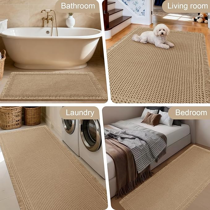 Extra Large Waffle Bath Mat, 5'x2' Beige-Bordered, Super Absorbent Non-Slip Quick Dry Bathroom Rugs with Tassels, Machine Washable Ultra Soft Boho Bath Rugs for Floor, Toilet Mats Boho Farmhouse Decor