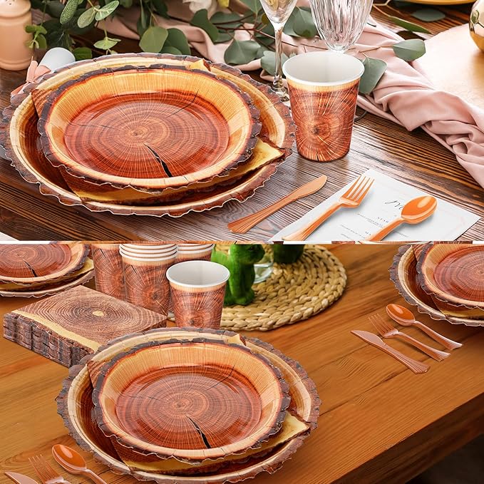 FillTouch 350 Pcs Camping Wood Grain Slice Party Supplies Set Rustic Camo Hunter Disposable Paper Plates Napkins Cups Cutlery Hunting Knives Fork Spoon for 50 Guests Camping Party Baby Shower Birthday