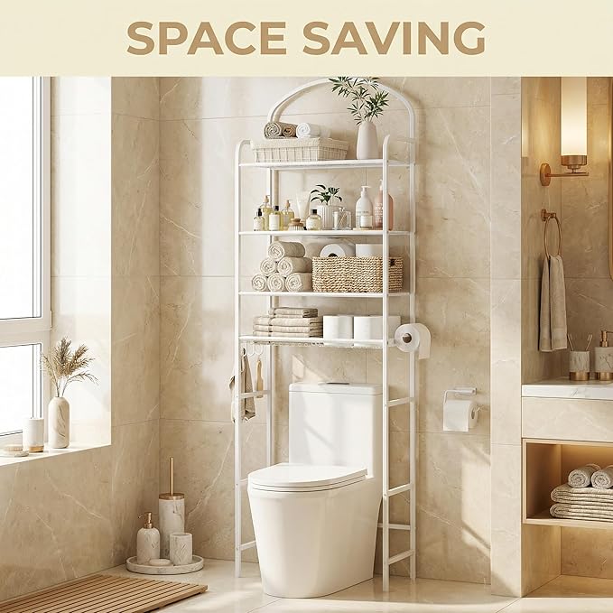 4-Tier Over The Toilet Storage, Bathroom Organizer, Space-Saving, 72" H Above Toilet Storage Rack with 4 Hooks and Paper Holder, Metal Shelf, White