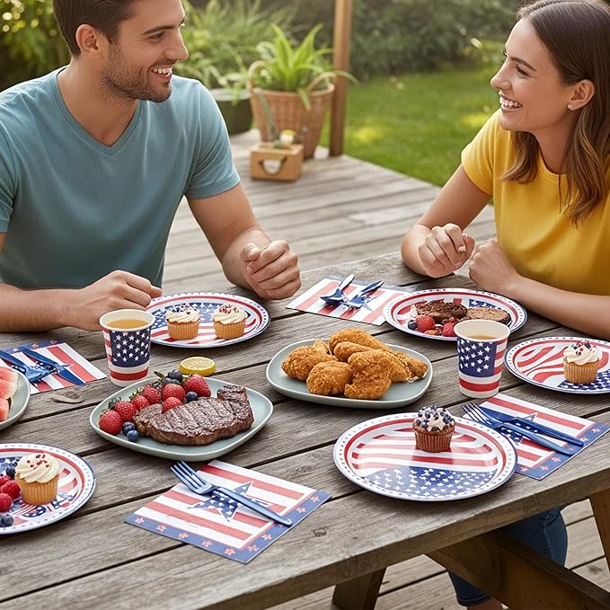 Fijinhom Patriotic Party Supplies, 175 PCS American Flag Paper Plates Set, Disposable Dinnerware Set for 25 Guests, USA Flag Paper Plates Napkins Cups Blue Plastic Forks Knives Spoons for Christmas