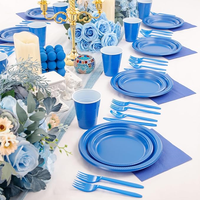WELLIFE 210Pcs Blue Plastic Plates,Disposable Dinnerware Set,Party Supplies Including Blue Plates, 12oz Cups, plastic Cutlery and Napkins Serve 30 Guests, Plastic Plates for Party
