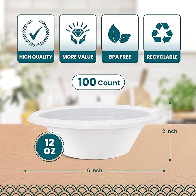 R-kay White Plastic Bowls - 200 Count Microwavable Disposable Bowls - Strong Heavy Duty And Sturdy (12 OZ, 200)