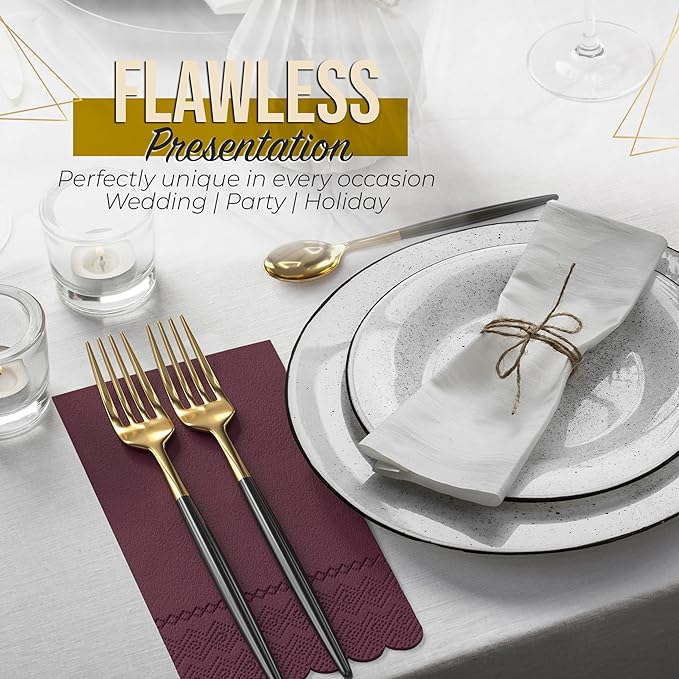 Party Solids Burgundy Scalloped Napkins Disposable 100 Pcs 3-Ply Burgundy Scalloped Dinner Napkins Disposable Decorative for Dinners & Parties, Paper Guest Towels for Bathroom & Party Supplies