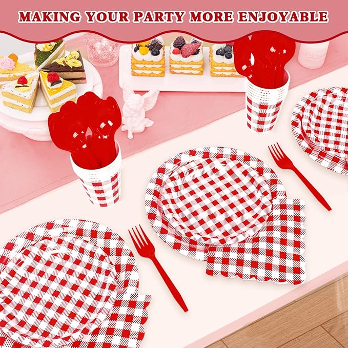 Vyntra Checkered Gingham Paper Plates and Napkins Set for 25" 9" Dinner Plates & 7" Dessert Plate, Birthday Party (Red Gingham, 175 Pcs)