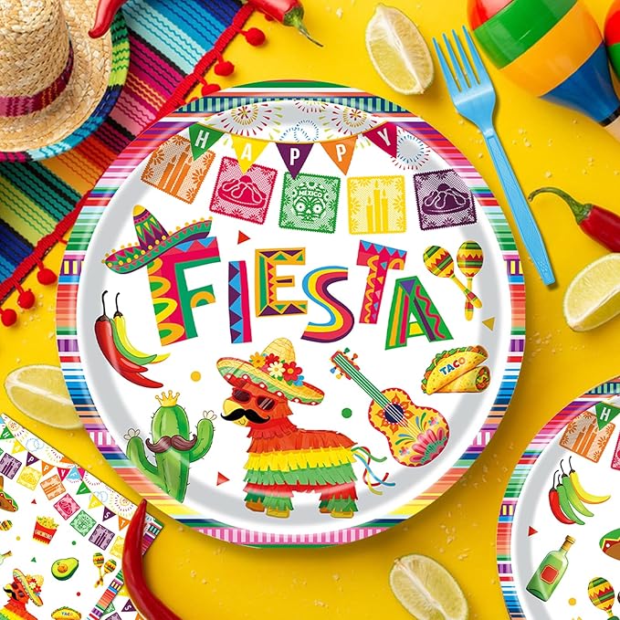96 Pieces Mexican Fiesta Plates and Napkins, Cinco de Mayo Disposable Tableware with Paper Plates, Napkins, Plastic Forks for Mexican Themed Party, Taco Tuesday, Fiesta Party Supplies, Serves 24