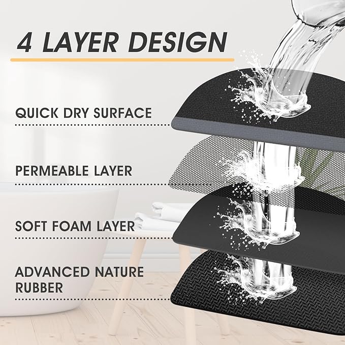 ACCUMTEK Non Slip Bath Mat, Thin Bathroom Rugs Fit Under Door, Quick Dry Bath Mats, Machine Washable Bath Rugs for Bathroom, Bathtub & Kitchen, Bathtub, Black/Bordered/3 Piece