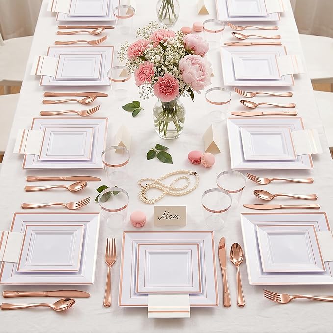 Festiva 350Pcs Rose Gold Plates and Napkins Party Supplies-Square White and Rose Gold Disposable Dinnerware include Plates Cups Cutlery Napkins for 50 Guests Wedding &Mother's Day&Birthday Party