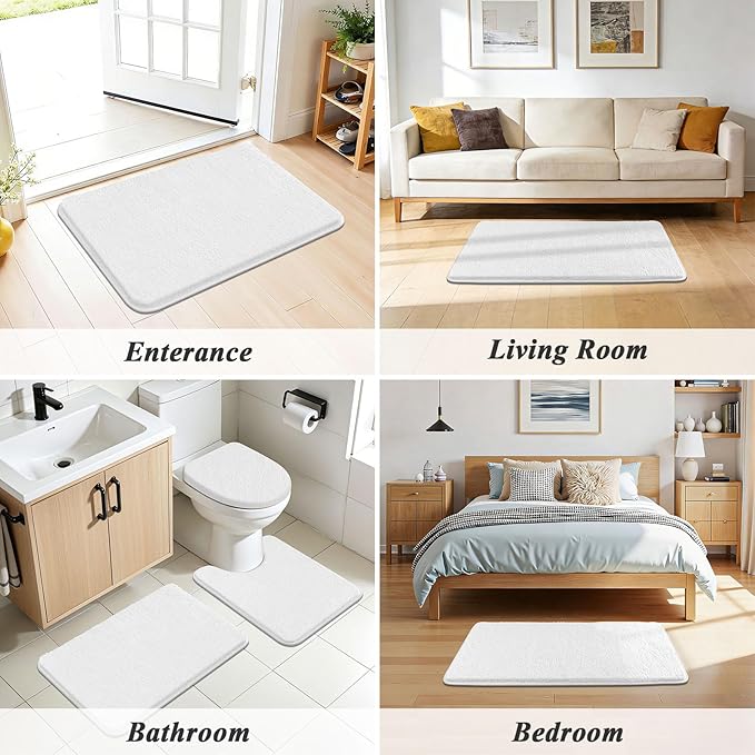 SHACOS White Bathroom Rugs 5 Piece Set - Non Slip Absorbent Washable Bath Mats with U-Shaped Toilet Rug & Lid Cover, Soft Microfiber Bath Rugs for Bathroom