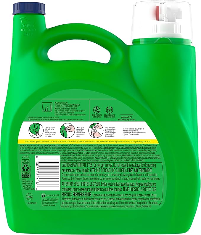 Gain Liquid Laundry Detergent with Odor Defense, Waterfall Delight Scent, Laundry Soap For HE Washing Machines, 177 fl oz, 134 Loads (Packaging May Vary)