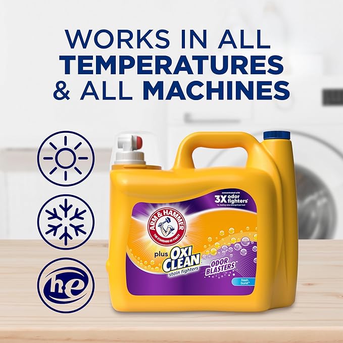 ARM & HAMMER Plus OxiClean with Odor Blasters Liquid Laundry Detergent, Laundry Odor Remover, Attacks Stains, Fresh Burst Scent, 154 Loads, 200.2 Fl Oz