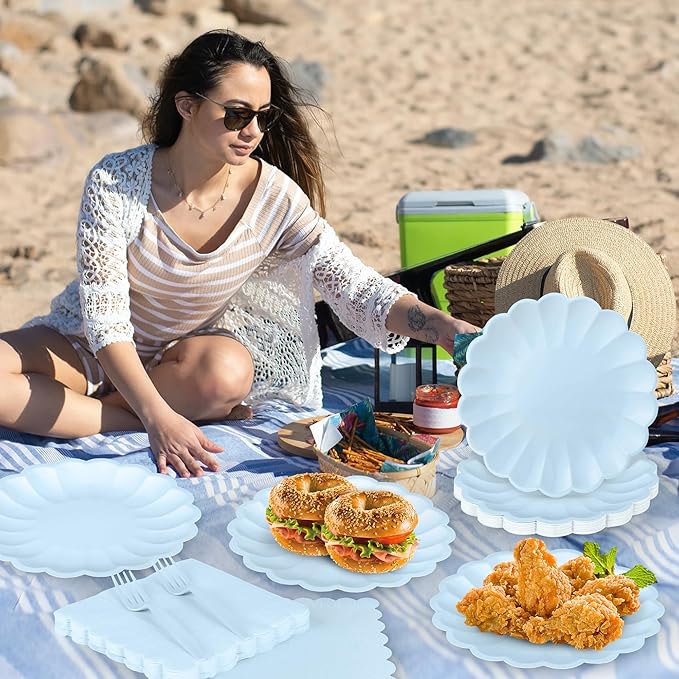 75 Pcs Blue Paper Plates and Napkins, Baby Blue Tableware Set Include Light Blue Scalloped Plates with Shell Edge, Napkins & Plastic Forks for Wedding Baby Shower Birthday Party, Serve for 25 Guests