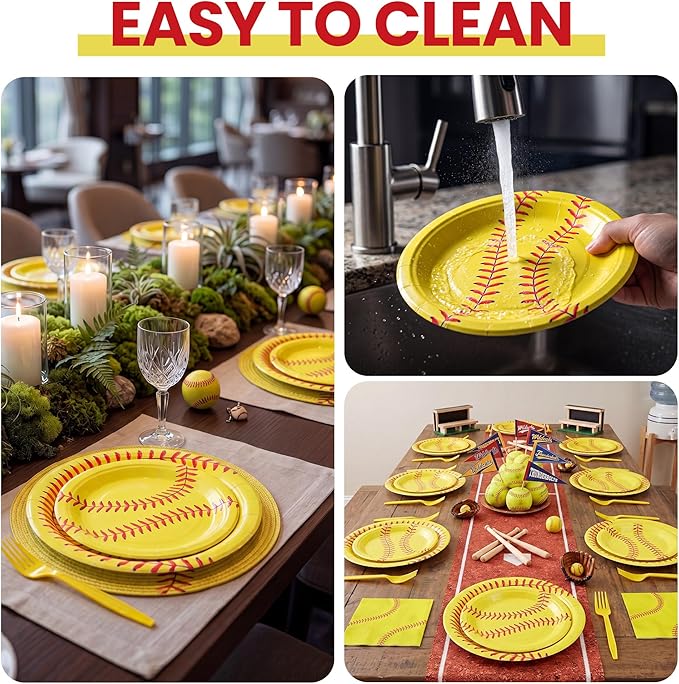 100 Pcs Softball Party Supplies for 25 Guests, Heavy-Duty 7" & 9" Paper Plates, 2-Ply 13" Napkins & Plastic Forks, Disposable Softball Themed Tableware Set for Game Day and Birthday