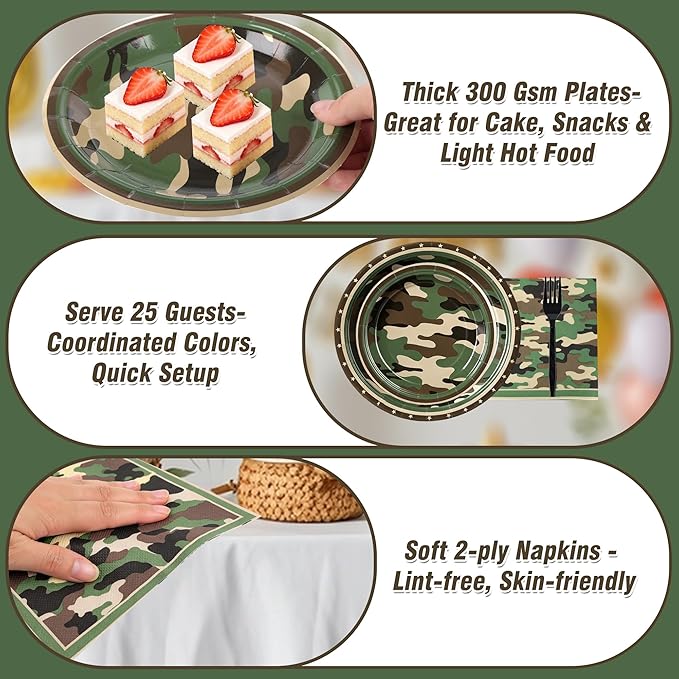 100 Pcs Camouflage Party Supplies for 25 Guests, Heavy-Duty 7" & 9" Paper Plates, 2-Ply 13" Napkins & Plastic Forks, Disposable Deep Green Camo Tableware Set for Hunting Army Military Party