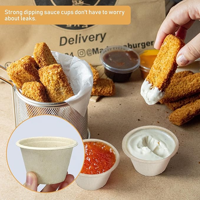 LeonBach 150 Pack 4oz Natural Bagasse Fiber Sauce Cups, Compostable Small Disposable Paper Dipping Bowls Biodegradable Condiment Portion Sample Snack Charcuterie Serving Tasting Cups