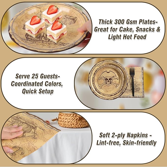 100 Pcs Pirate Party Supplies for 25 Guests, Heavy-Duty 7" & 9" Paper Plates, 2-Ply 13" Napkins & Plastic Forks, Disposable Tableware Set for Treasure Map Theme Party